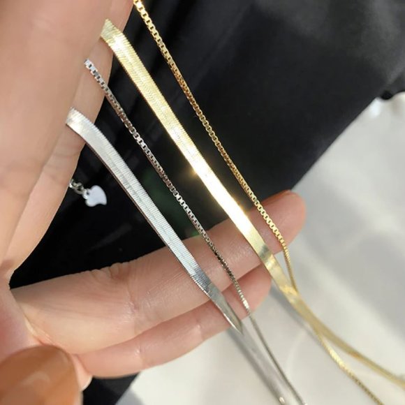 Silver Snakechain Layered Herringbone Necklace - Picture 7 of 8